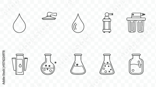 Collection of water related icons including drops faucets filters and laboratory beakers silhouette