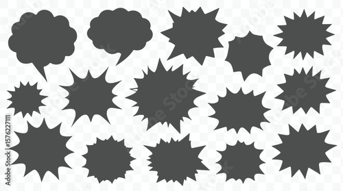 Collection of diverse dark grey starburst and speech bubble shapes in a scattered arrangement silhouette