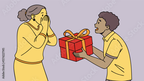 Surprise gift giving celebration present birthday holiday party family event for happy mother receiving gift