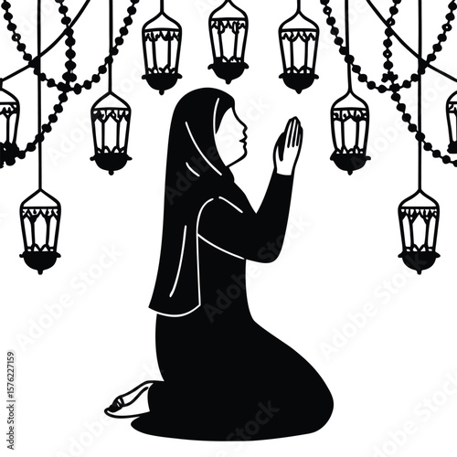 Kneeling Woman in Abaya Praying A Silhouette Illustration of Faith and Ramadan
