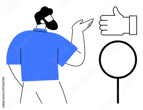 Man points toward thumbs-up and magnifying glass symbols emphasizing engagement, approval, and attention. Ideal for communication, feedback, search, teamwork, focus, analytics simple landing page
