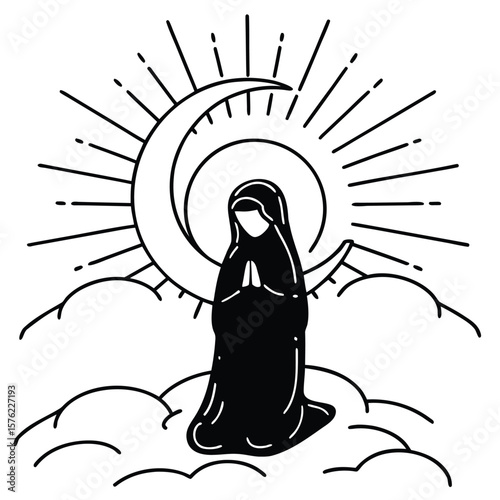 Luminous Crescent Kneeling Figure in Abaya, Celestial Art
