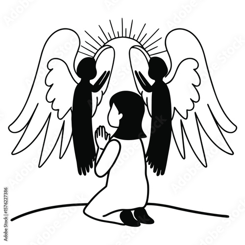 Kneeling Girl in Prayer with Angels A Faith-Based Illustration