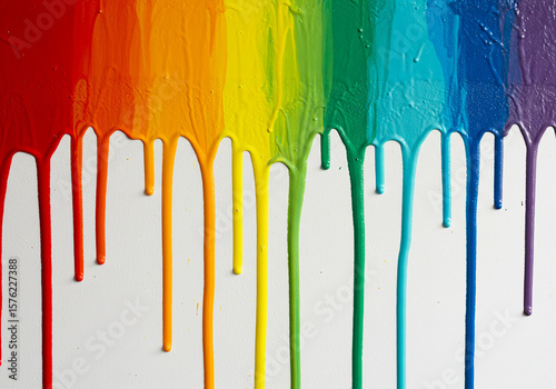 Rainbow paint dripping on white. Vibrant, flowing colors. Abstract art