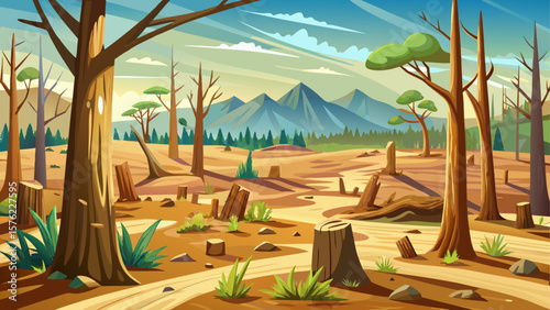 Barren forest landscape showing the impact of deforestation with scattered tree stumps under bright daylight. Environmental destruction in a natural setting. Vector illustration.