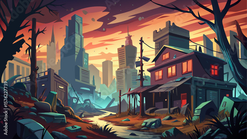 Eerie zombie apocalypse cityscape featuring abandoned buildings, dilapidated structures, and ominous lighting. Dark, dramatic post-apocalyptic urban scene with haunting atmosphere. Vector illustration