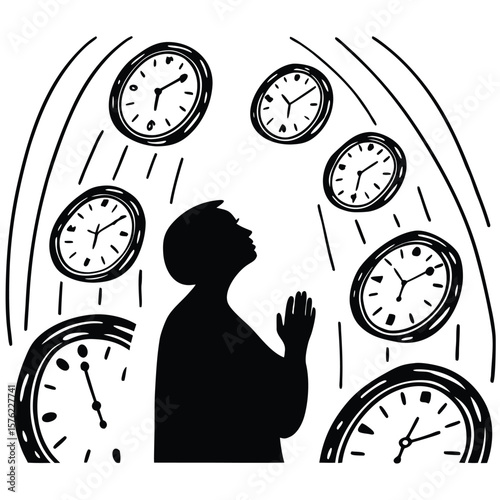 Timeless Prayer A Person in Deep Prayer Surrounded by Falling Clocks