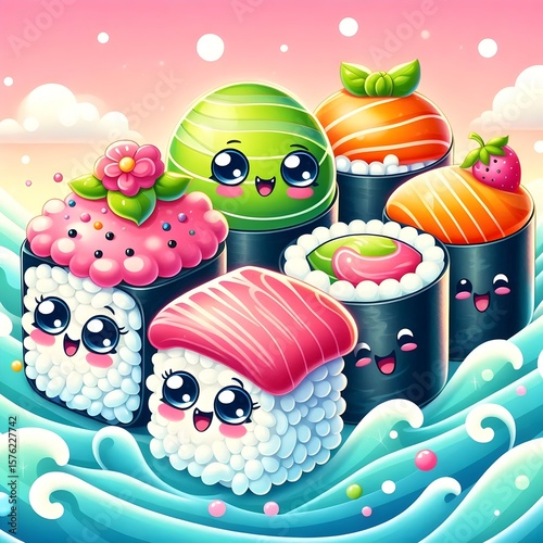 Kawaii Sushi Characters Floating on Pastel Wave Background