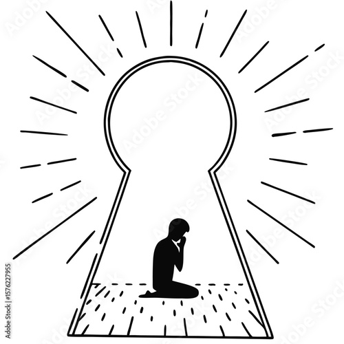 Finding Inner Peace Person Silhouette Kneeling in Prayer, Keyhole Gateway to Tranquility