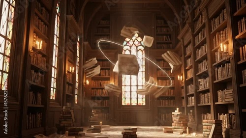 Magical Library: Animated Books Orbiting a Glowing Orb in a Grand Hall