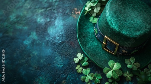 A green hat with a golden buckle in the Irish style, surrounded by fresh clover leaves, against the background of a dark textured background with blue and green shades.