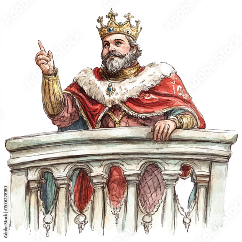 Majestic King in Red Robes Addressing His People from a Balcony