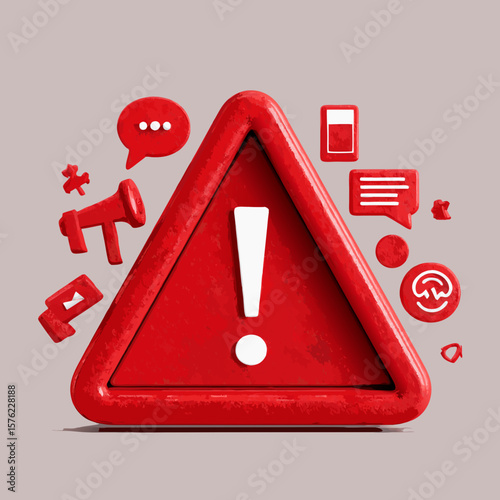 red warning triangle scam alert icon with communication symbols isolated 