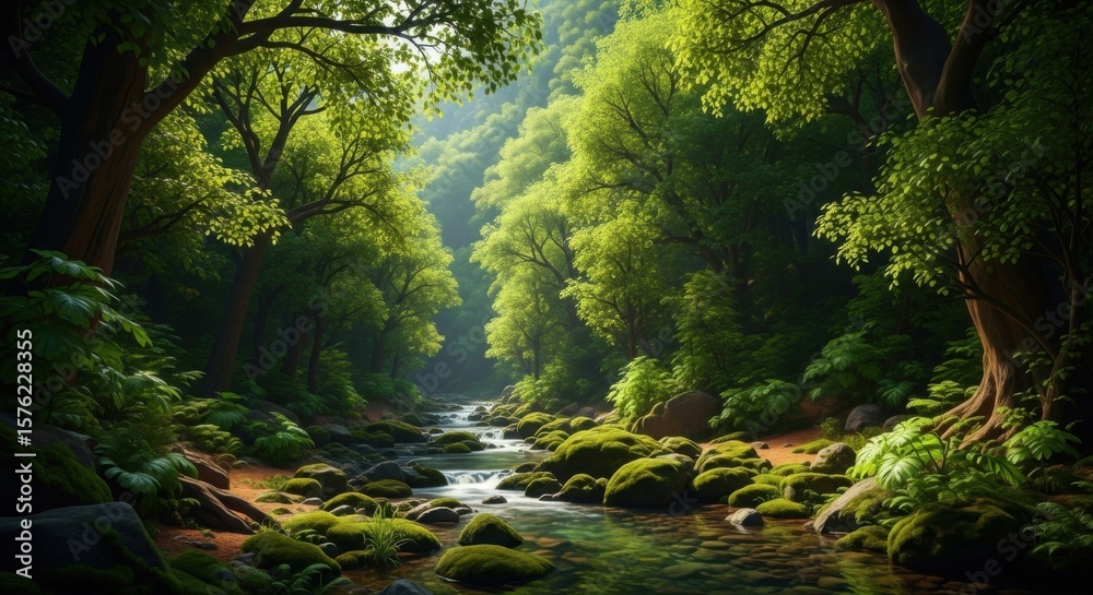 Obraz premium Lush Green Forest Stream with Sunlight Filtering Through Dense Canopy