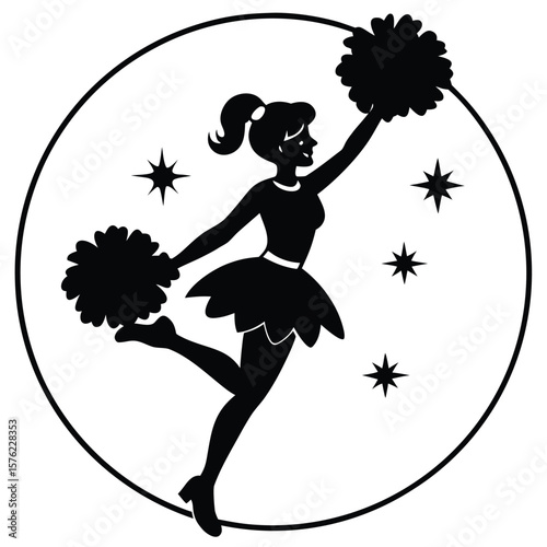 Silhouetted Cheerleader Pixie in Mid-Flight with Pom-Poms A Vintage Illustration