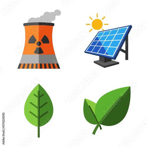 Energy Icons Set Nuclear Solar Power Leaves Flat Icon