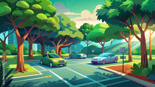 Peaceful green parking lot shaded by trees and surrounded by lush greenery, creating a calm and serene atmosphere within an urban environment. Vector illustration.