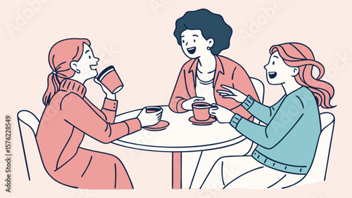 Illustration of women friends having coffee at cafe together meeting and chatting friendship concept art