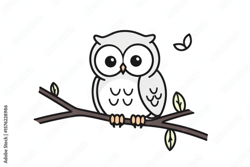 Naklejka premium Cute cartoon owl perched on branch, thick black line art vector drawing with bold outlines for children’s coloring book page