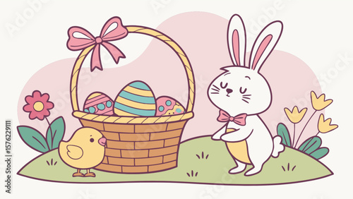 Cute easter bunny with easter basket and easter eggs vector illustration for easter day holiday celebration