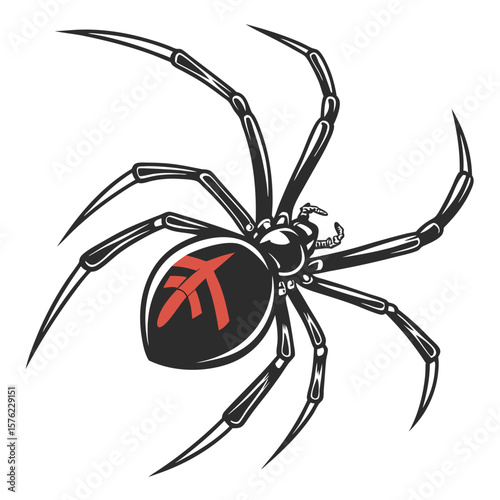 Intricate black spider illustration featuring a red stylized emblem on its abdomen highlighting detailed leg segments and menacing posture