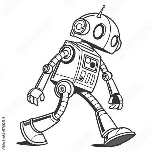 Illustration of a whimsical robot with a retro-futuristic design walking confidently in a minimalistic style