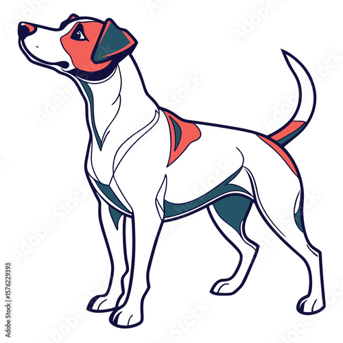 Minimalist Illustration of a Playing Dog with a White Body and Colorful Accent Details Enhancing Its Playful Character