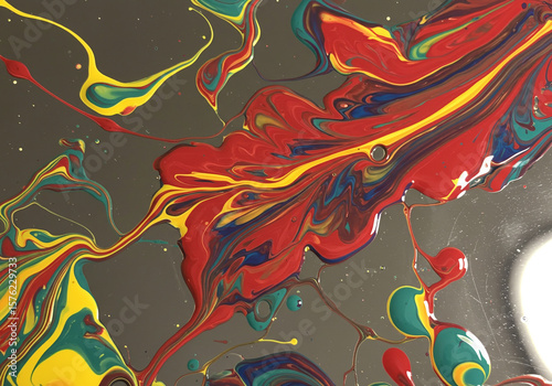 Close-up abstract photo of red, yellow, blue, and green paint mixing on a dark surface