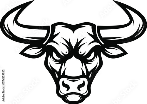 Illustration of a stylized bull head with prominent horns in a monochrome color scheme design style on transparent background silhouette