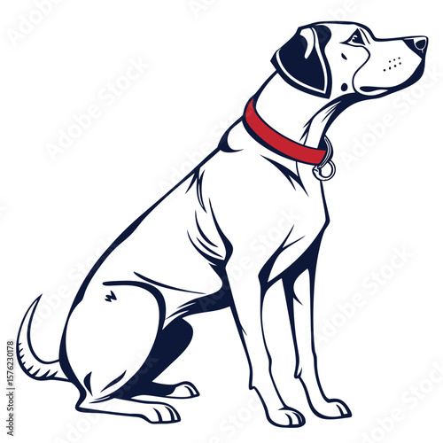 Minimalist digital illustration of a loyal and attentive dog sitting calmly with a red collar on a plain white background emphasizing simplicity and