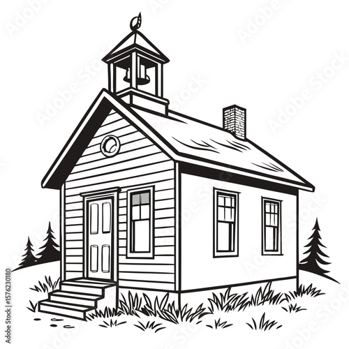 Minimalist black and white illustration of a charming old-fashioned schoolhouse or church with a bell tower and surrounding trees in a tranquil