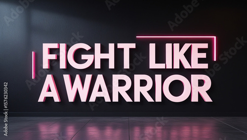The words fight like a warrior are displayed in pink neon lettering against a dark wall, conveying a message of strength and determination