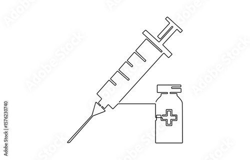 One continuous line drawing of medicine set with syringe and vial, Pharmaceutical, One continuous line drawing of medicine set with syringe and vial. Pharmaceutical components.