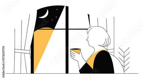  woman holding cup and looking out window at night with moon and stars in peaceful moment