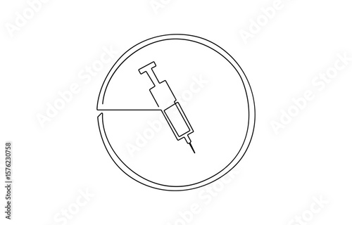 One continuous line drawing of medicine set with syringe and vial, Pharmaceutical, One continuous line drawing of medicine set with syringe and vial. Pharmaceutical components.