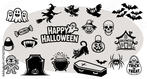 Large set of Halloween icons with ghosts, witch, cat, pumpkin, mummy, skull, vampire fangs and typography perfect for prints, svg, vector, transparent, isolated