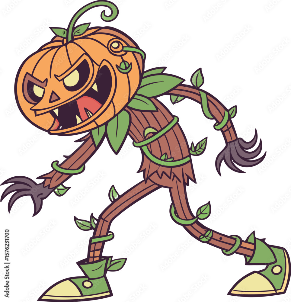 Fototapeta premium Halloween pumpkin monster walking awkwardly. Vector clip art illustration. All on a single layer.