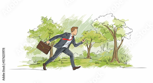 A businessman hurrying through a park with determination and speed.
