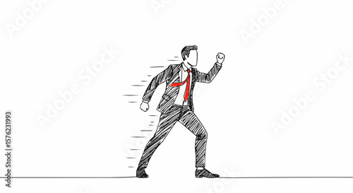 An animated business man walks forward, exuding determination and drive.
