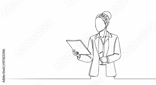 A business woman in a modern outline style is presenting a document.