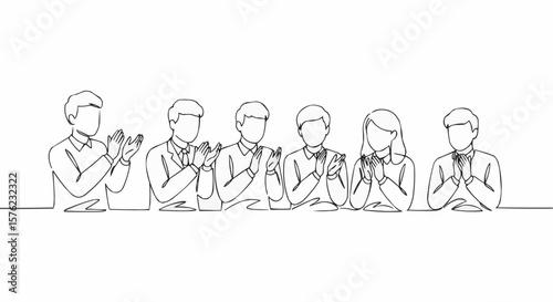 A minimalist line drawing depicts six people applauding.