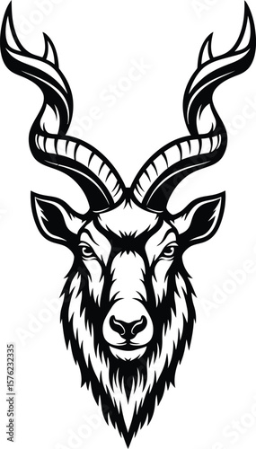 A detailed black and white illustration of a markhor head with large spiral horns facing forward on transparent background silhouette
