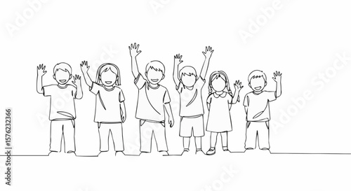Line art illustration featuring a group of young children waving their hands. 