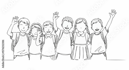 A group of happy children waving and smiling with backpacks, welcoming and excited.