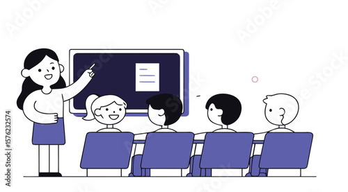 Illustration of female teacher teaching group of students in classroom with blackboard in flat style
