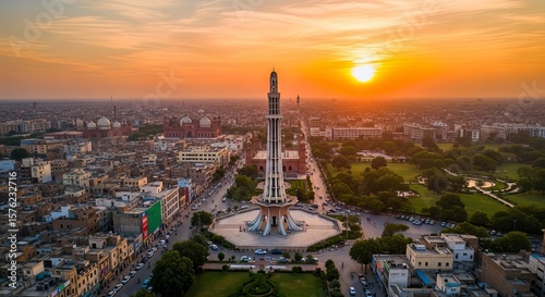 Aerial view of Minar-e-Pakistan amidst a beautiful cityscape at sunset, Lahore, Punjab, Pakistan.