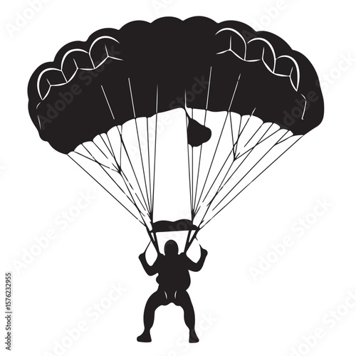 Vector illustration of a skydiver descending with a parachute in silhouette, an extreme sport.