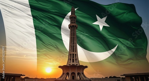 An artistic digital painting of the Minar-e-Pakistan at sunset with a giant Pakistani flag overlay, symbolizing freedom and unity.