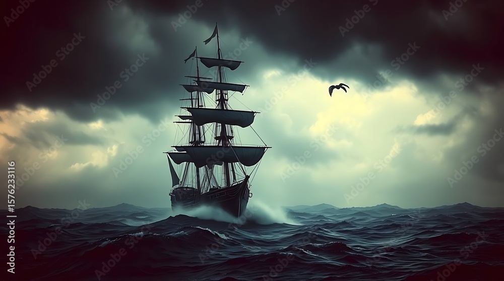Fototapeta premium Epic Pirate Ship Sailing on a Stormy Ocean at Dramatic Sunse