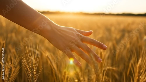 Hand gently touching golden wheat field at sunset, feeling nature's beauty